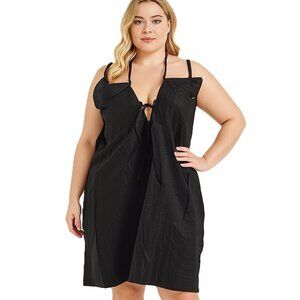 Forever 21+ Black Linen Blend Midi Dress Spaghetti Strap Tie Front Size 3X